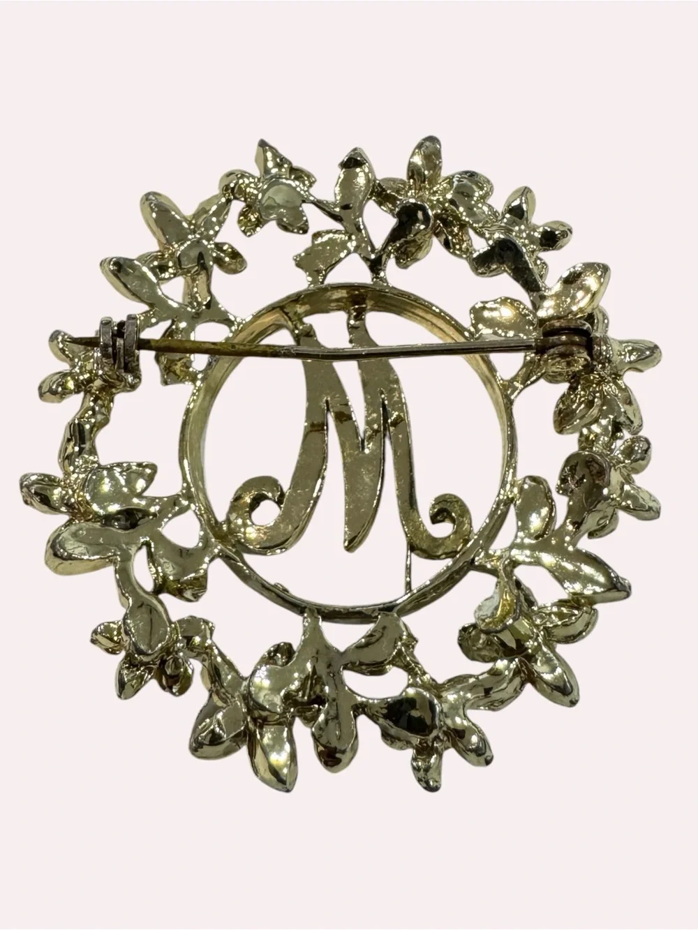 Vintage Floral Monogram “M” Brooch Gold Tone Pastel Rhinestone Wreath Pin